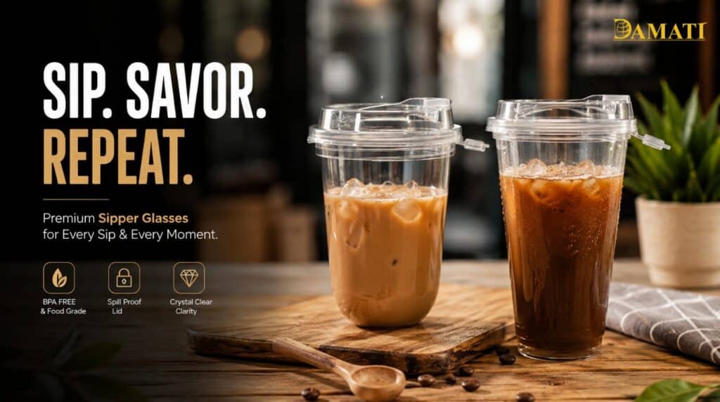 Plastic sipper glasses for bubble tea, milkshakes and iced coffee