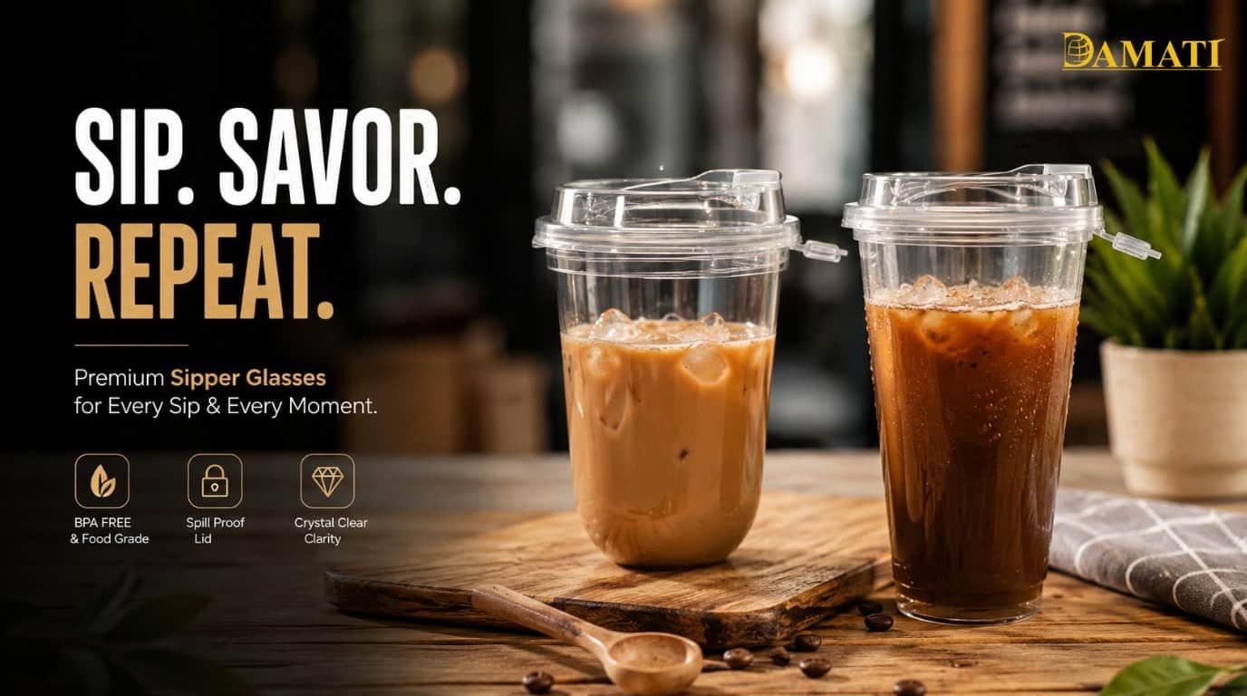 Plastic sipper glasses for bubble tea, milkshakes and iced coffee
